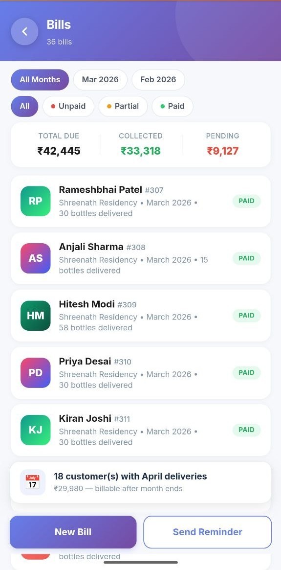 JalYantra Bills screen — list of monthly bills with totals, paid/unpaid status, and one-tap actions