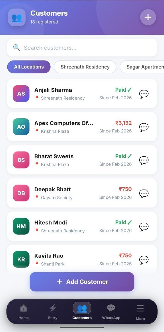 JalYantra customers list — water delivery customer management with location filters and paid/unpaid status