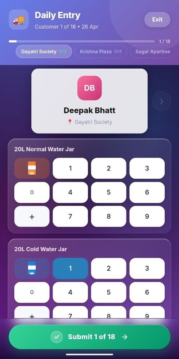 JalYantra Rapid Entry — keypad-style delivery marking with customer name, jar type, and big numeric buttons