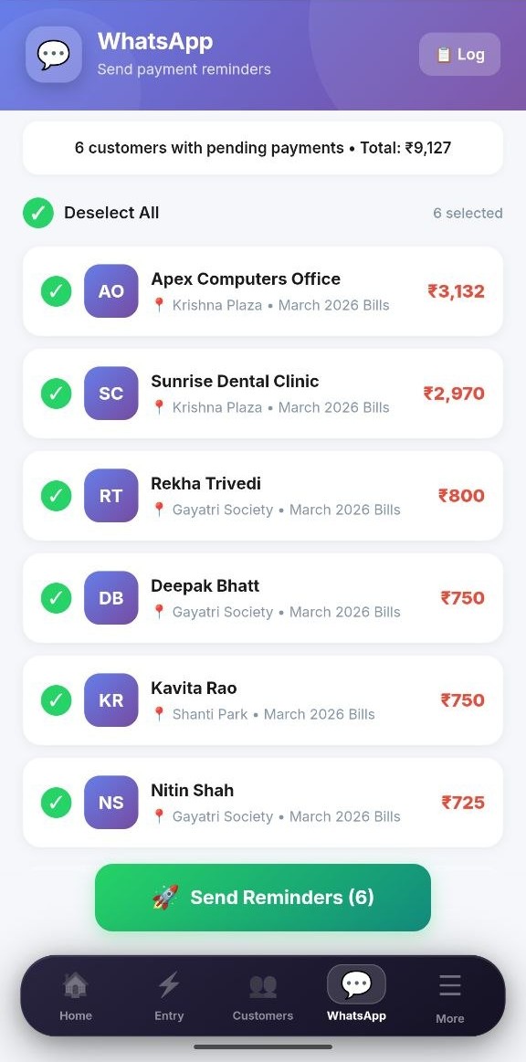 JalYantra WhatsApp screen — bulk-select customers with pending payments and send branded reminders